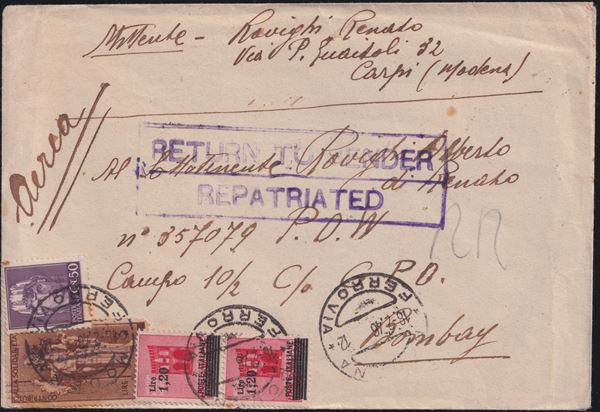 Lieutenancy - Stamps used in 1946 on cover for Bombay.  - Auction STAMPS AND POSTAL HISTORY - Bertolami Fine Art - Casa d'Aste