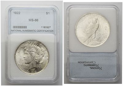 Usa. Dollaro 1922 Peace in Slab Nnc (ms-66). Ag (26,73 G; 38,1 MM)