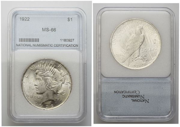 USA. Dollaro 1922 Peace in slab NNC (MS-66). Ag (26,73 g; 38,1 mm)