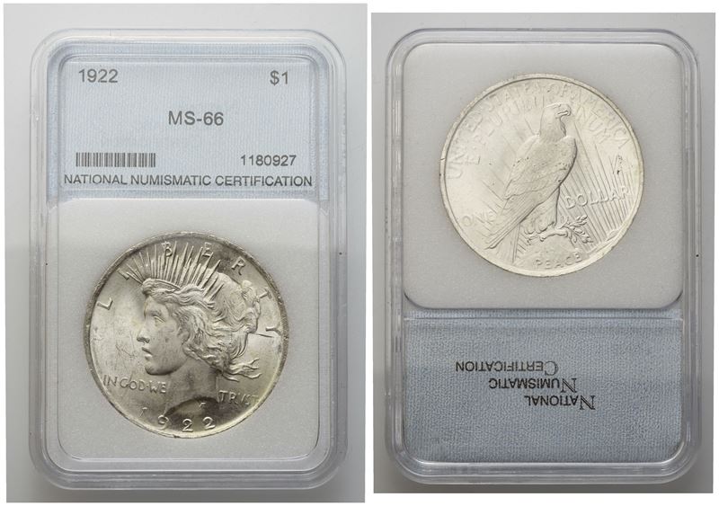 Usa. Dollaro 1922 Peace in Slab Nnc (ms-66). Ag (26,73 G; 38,1 MM)