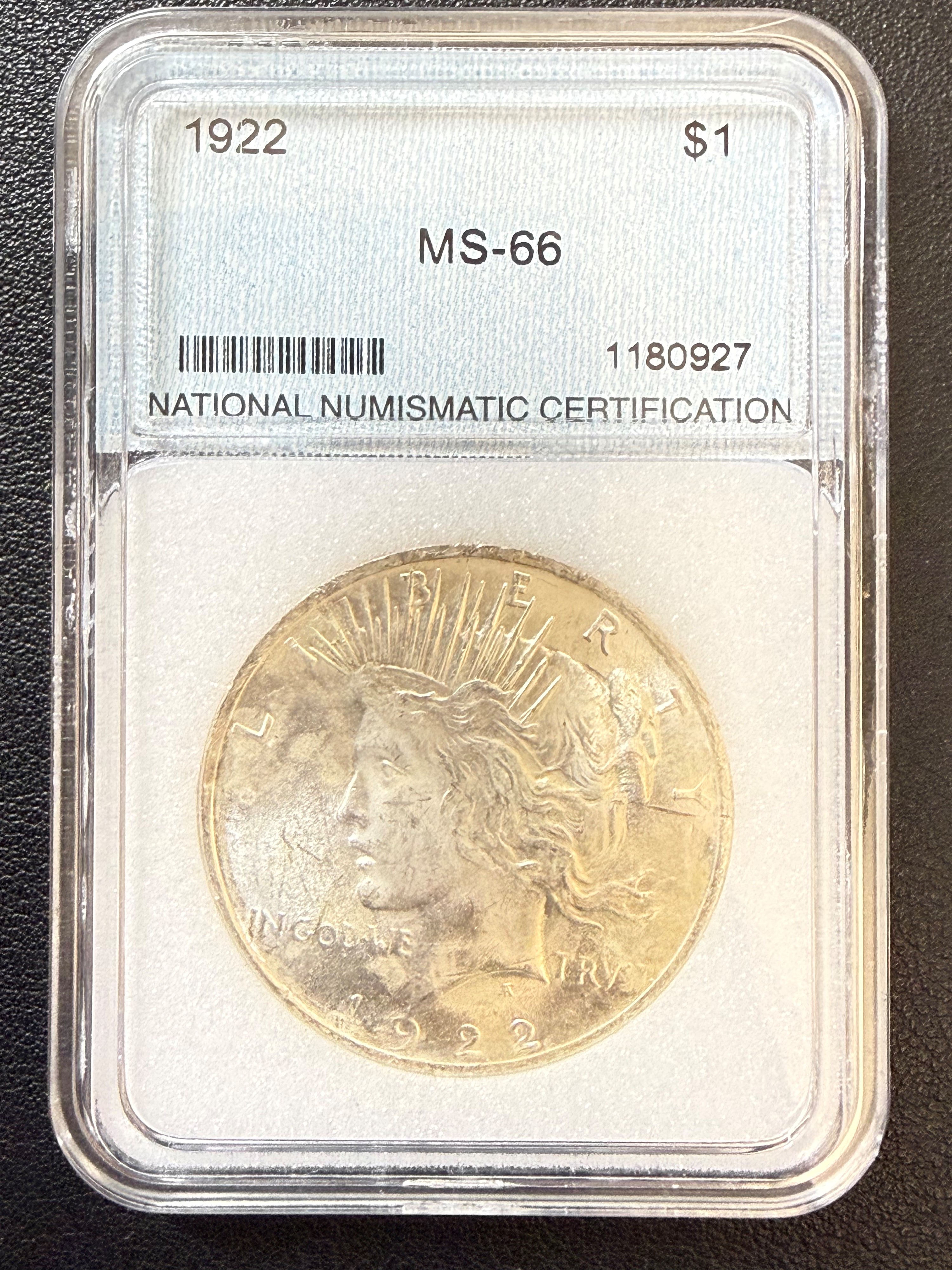 Usa. Dollaro 1922 Peace in Slab Nnc (ms-66). Ag (26,73 G; 38,1 MM)