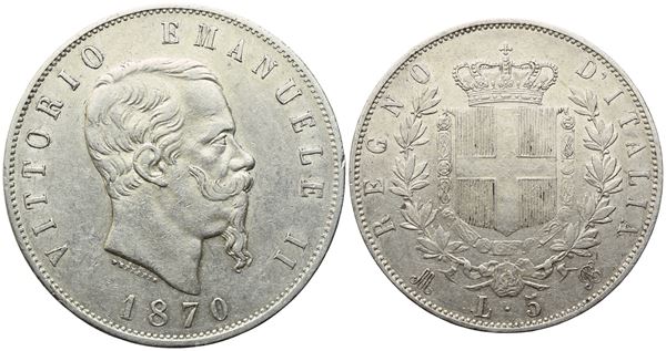 REGNO D'ITALIA. MILANO. Vittorio Emanuele II (1861-1878). 5 lire 1870. Ag (25 g; 36,7 mm). qSPL