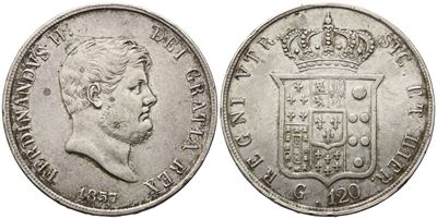 Ferdinando II di Borbone, Piastra 1857 del Regno delle Due Sicilie (Ag, 27,40 g; 36,8 mm)