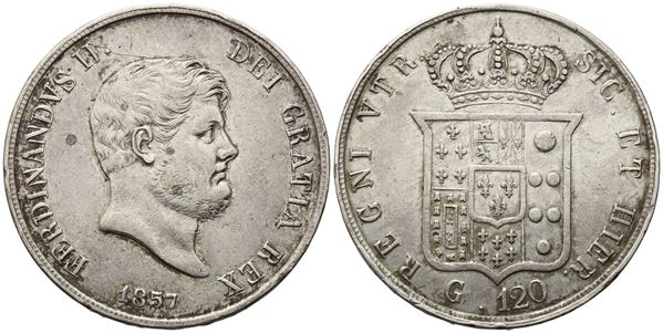 NAPOLI. Regno delle Due Sicilie. Ferdinando II di Borbone (1830-1859). Piastra 1857; Ag (27,40 g; 36,8 mm)