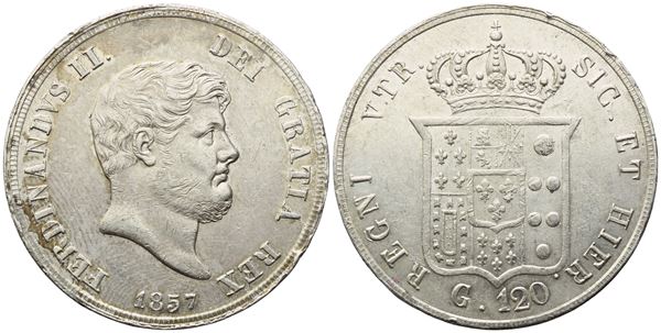 NAPOLI. Regno delle Due Sicilie. Ferdinando II di Borbone (1830-1859). Piastra 1857; Ag (27,40 g; 36,8 mm)