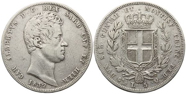 REGNO DI SARDEGNA. GENOVA. Carlo Alberto (1831-1849). 5 lire 1832. Ag (24,79 g; 36,7 mm). qBB