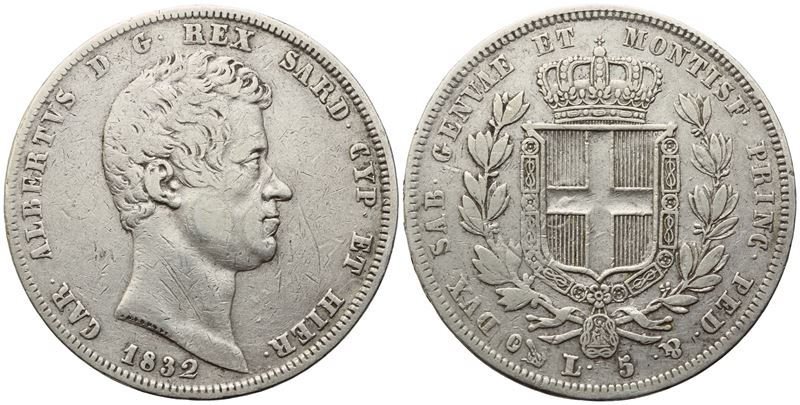 Regno di Sardegna. Genova. Carlo Alberto (1831-1849). 5 Lire 1832. Ag (24,79 G; 36,7 MM). Qbb