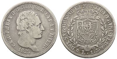Regno di Sardegna. Genova. Carlo Felice (1821-1831). 1 Lira 1827. Ag (4,77 G; 22,5 MM). Gig. 76. ...