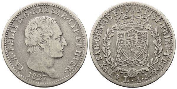REGNO DI SARDEGNA. GENOVA. Carlo felice (1821-1831). 1 Lira 1827. Ag (4,77 g; 22,5 mm). Gig. 76. BB