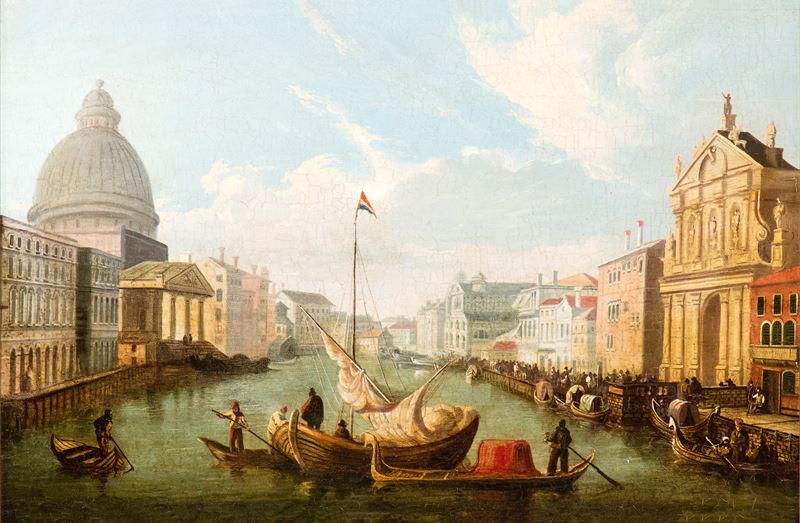 Artista Veneto, XIX Secolo - Anonimo, Canal Grande con San Simeone Piccolo e la chiesa degli Scal...