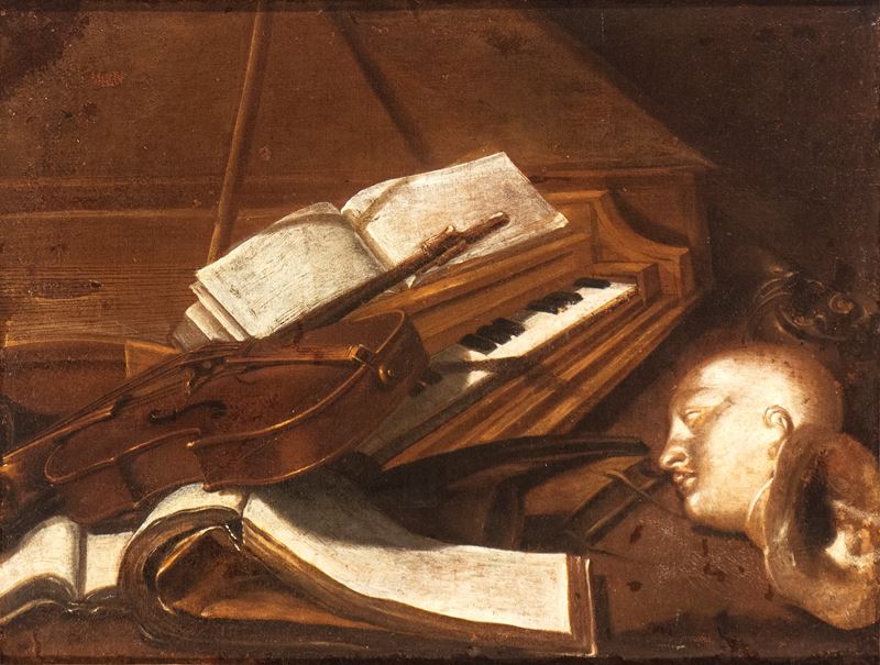 Artista Lombardo, XVIII Secolo - Natura morta con violino, clavicembalo, spartiti e testa in gess...
