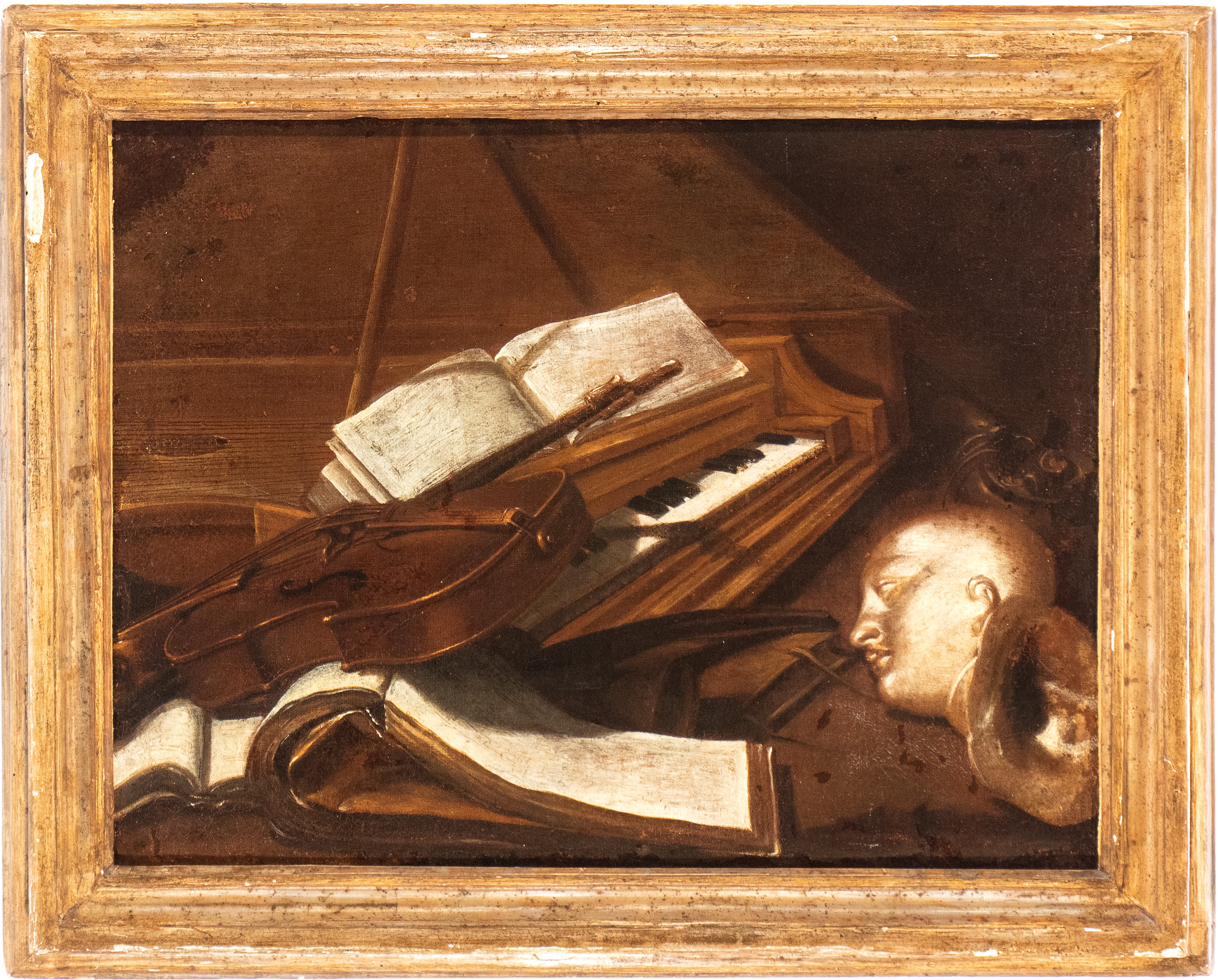 Artista Lombardo, XVIII Secolo - Natura morta con violino, clavicembalo, spartiti e testa in gess...