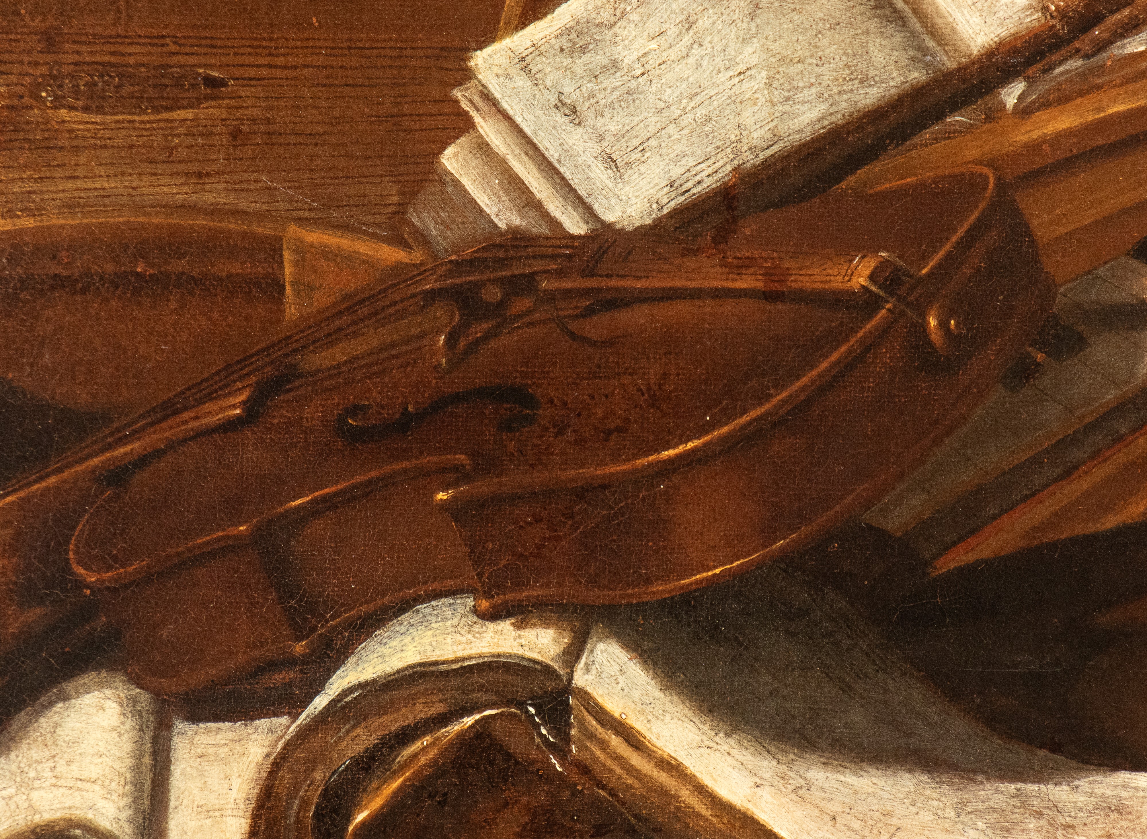 Artista Lombardo, XVIII Secolo - Natura morta con violino, clavicembalo, spartiti e testa in gess...