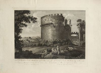 Veduta del Sepolcro di Cecilia Metella, detto Capo di Bove, acquaforte e bulino