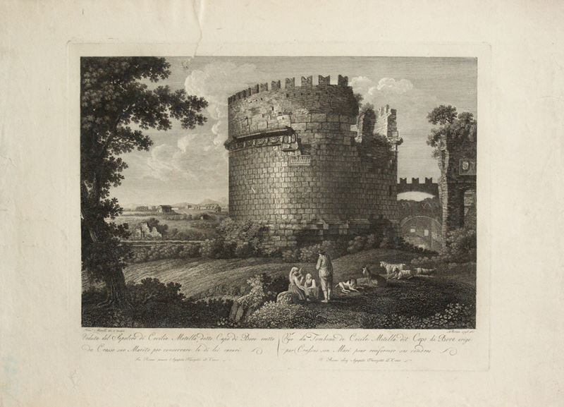 Francesco Morelli - Veduta del Sepolcro di Cecilia Metella, detto Capo di Bove, acquaforte e buli...