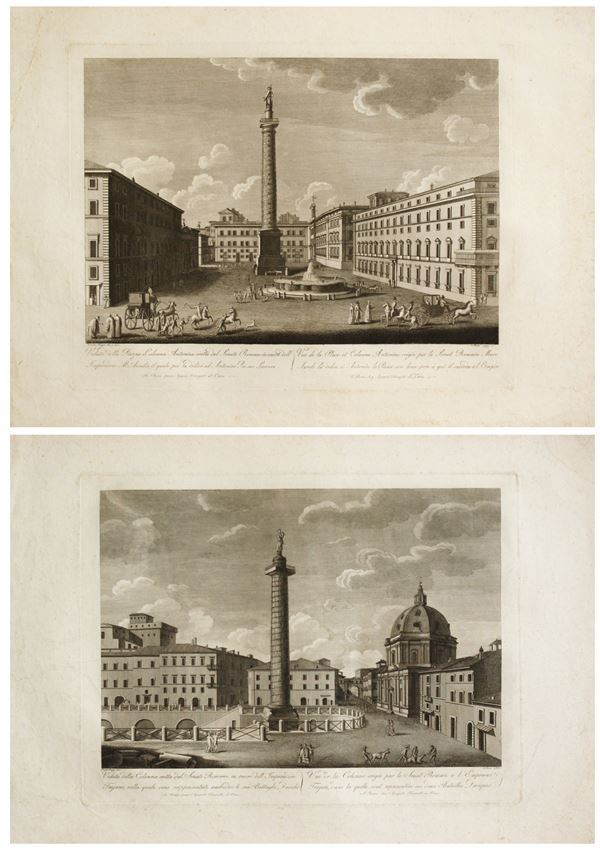 Pietro Ruga - Veduta della Piazza e Colonna Antonina | Veduta della Colonna eretta dal Senato Romano in onore dell'Imperatore Trajano