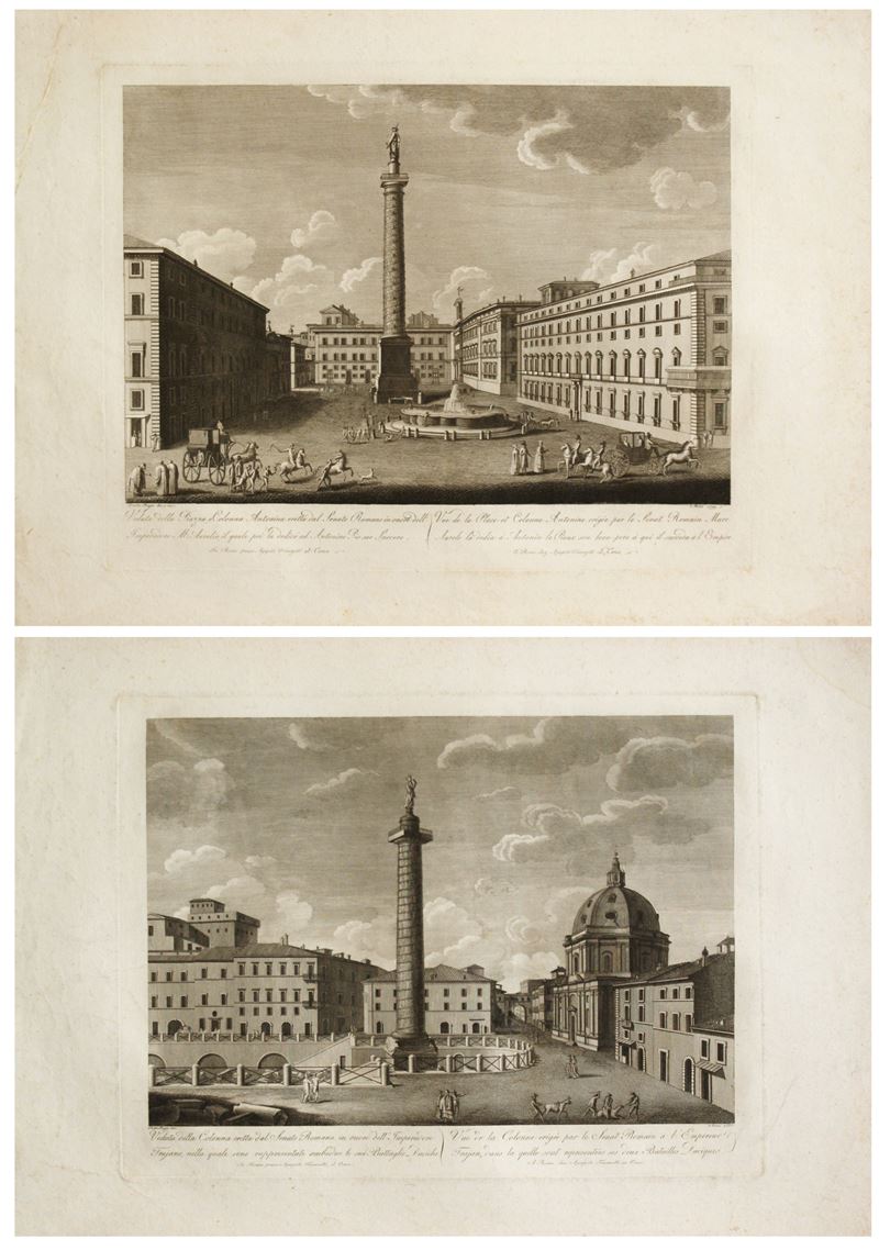 Pietro Ruga - Veduta della Piazza e Colonna Antonina - Acquaforte e bulino