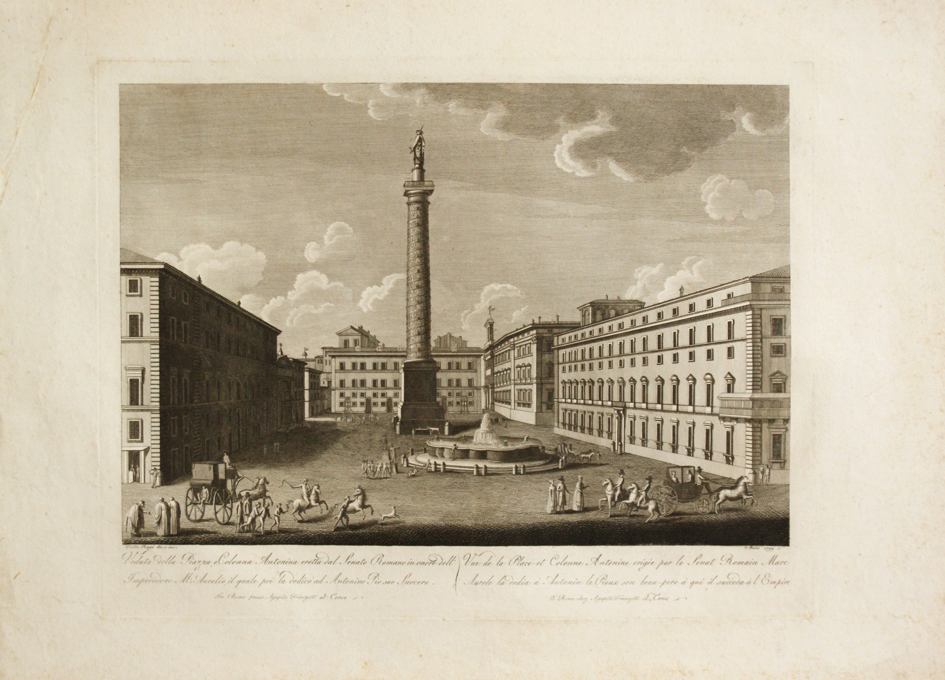 Pietro Ruga - Veduta della Piazza e Colonna Antonina - Acquaforte e bulino