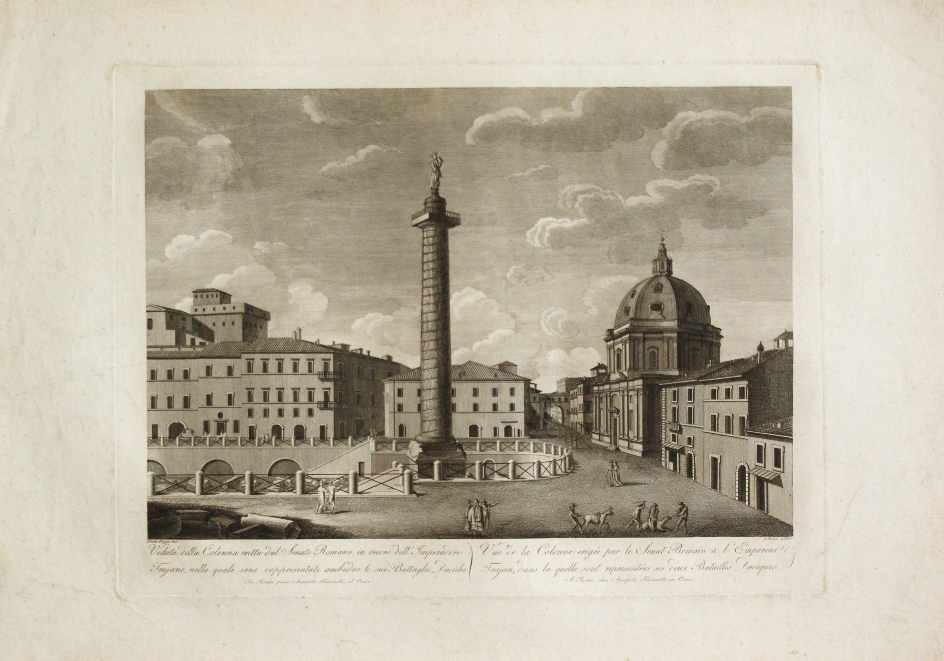 Pietro Ruga - Veduta della Piazza e Colonna Antonina - Acquaforte e bulino