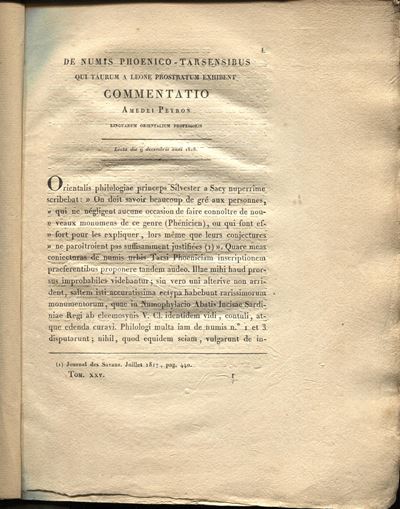 PEYRON A., De Numis Phoenico-Tarsensibus: Il Toro prostrato dal Leone - Torino, 1818