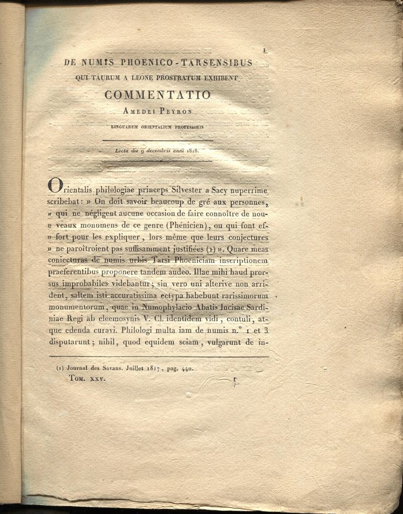 PEYRON A., De Numis Phoenico-Tarsensibus: Il Toro prostrato dal Leone - Torino, 1818