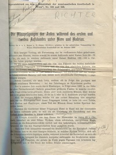 RICHTER, Die Munzpragungen der Juden während des ersten und zweiten Aufstandes unter Nerone und H...