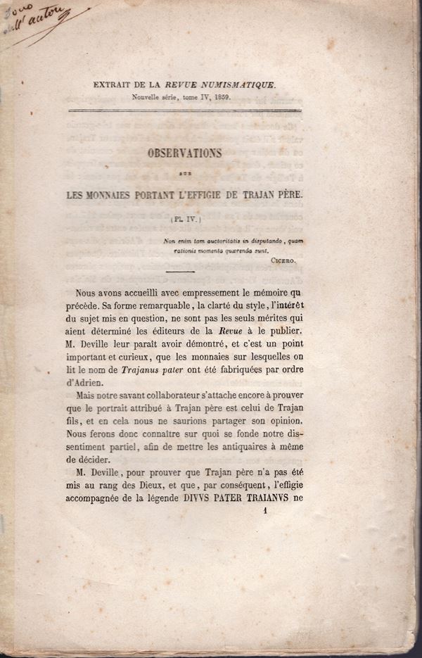 LONGPERIER A. - N° 1 Observation sur les monnaies portant l' effige de Trajan père. N 2, Medailles grecques de la collection Palin. N 3, Monnaies gauloises a la legende roveca. Paris, 1859. pp. 31, tavv. 2. ril. editoriale, buono stato, molto raro