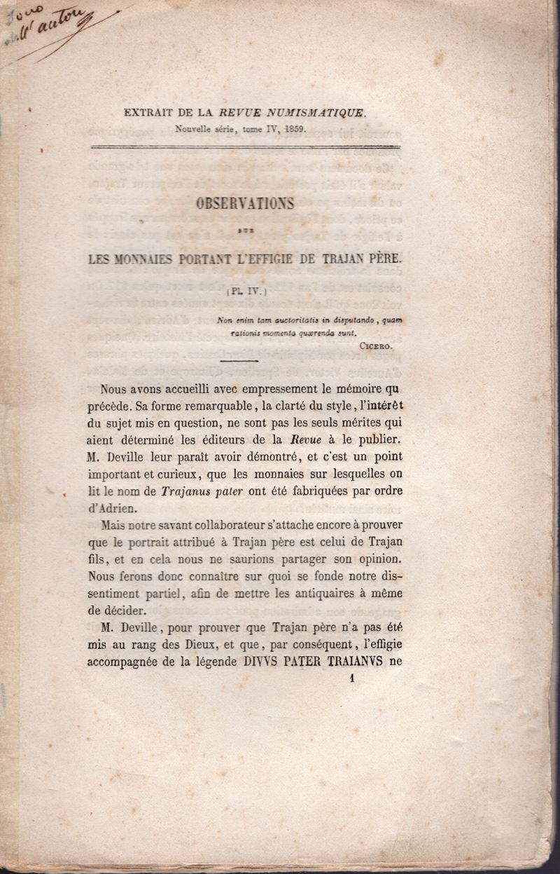 LONGPERIER A., Observation sur les monnaies portant l' effige de Trajan père, Medailles grecques ...