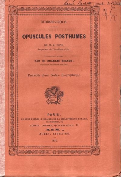 PONS M. Z., Numismatique; opuscules postumes
