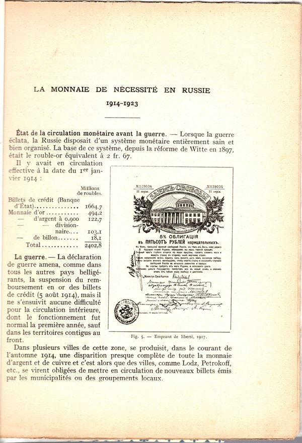 LOHMEYER  A. - La monnaie de necessité en Russie 1914-1923. Paris, 1926. pp 35- 48, illustrazioni nel testo. rilegatura carta varese, buono stato.