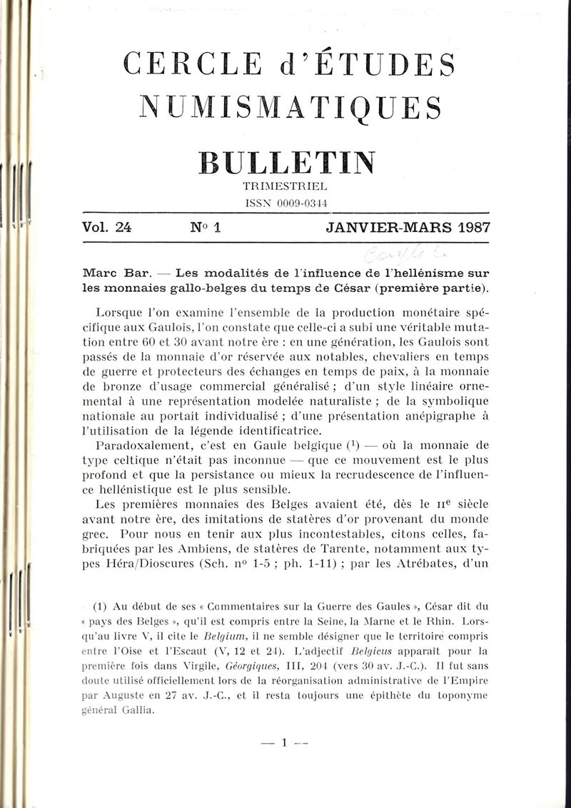 BAR Marc. - Le modalites de l'influence de l'hellenisme sur les monnaies gallo-belges du temps de...
