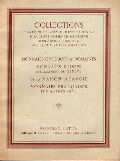 RATTO R., Catalogo della collezione di monete antiche, Lugano, 9 ottobre 1934