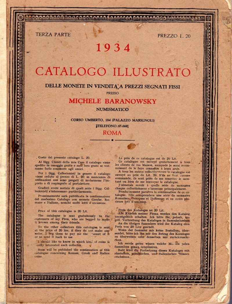 BARANOWSKY M. – Roma, 1934. Catalogo a prezzi fissi III parte. Monete greche, romane e medioevali...