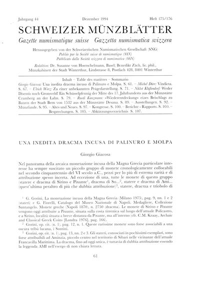 Giacosa Giorgio, Inedita dracma incusa di Palinuro e Molpa