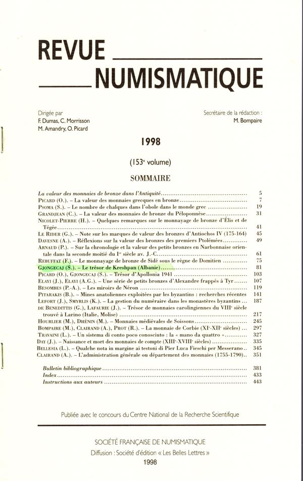 GJONGECAJ  S. - Les tresor de Krehpan ( Albanie). Paris, 1998. pp 81 - 102,  tavole, 7. brossura editoriale, ottimo stato, ritrovamento di dracme e stateri di Corcyre, Monounios e Dyrrachion.