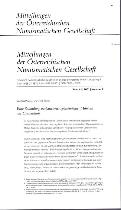 PFISTERER Matthias e WINTER Heinz, Eine Sammlung barbarisierter spätromischer Münzen aus Carnutum...