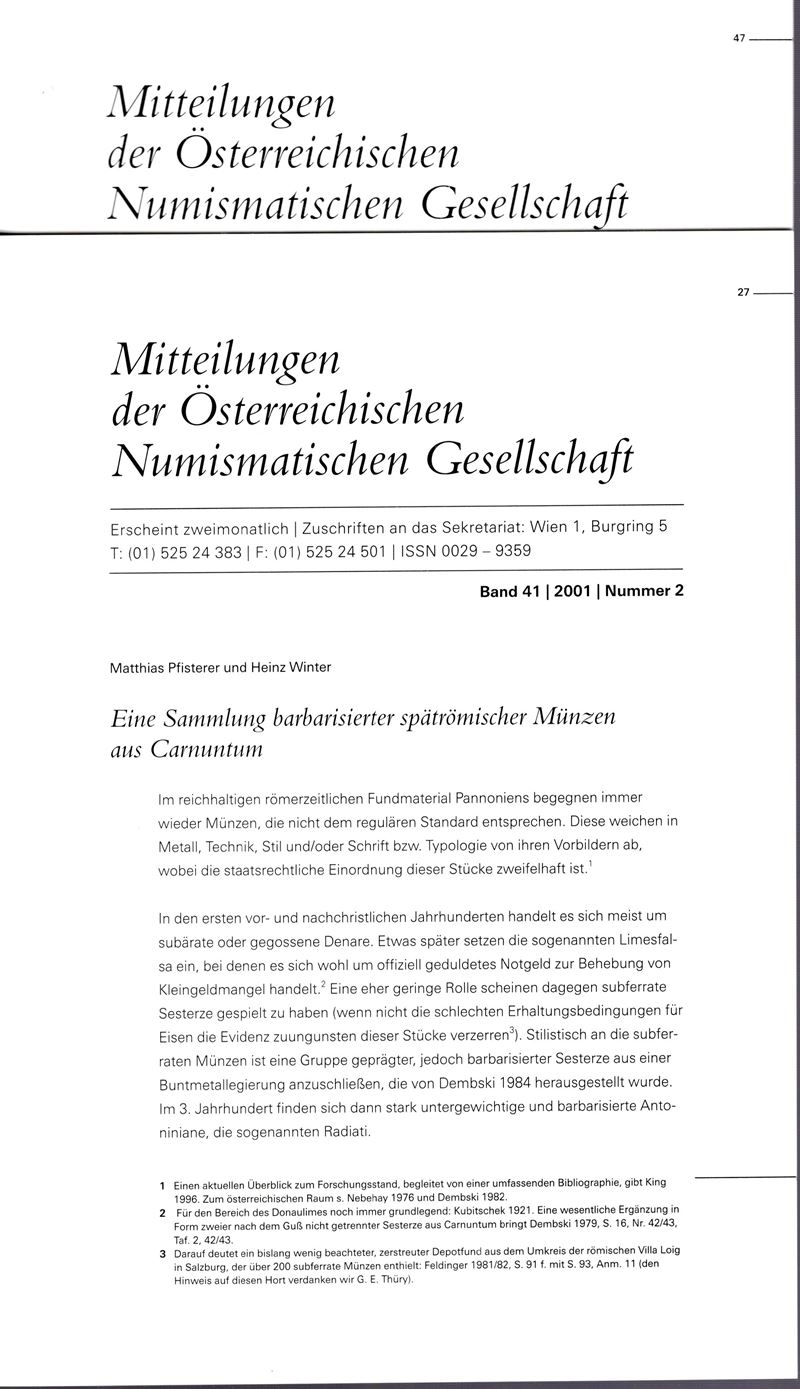 PFISTERER Matthias e WINTER Heinz, Eine Sammlung barbarisierter spätromischer Münzen aus Carnutum...