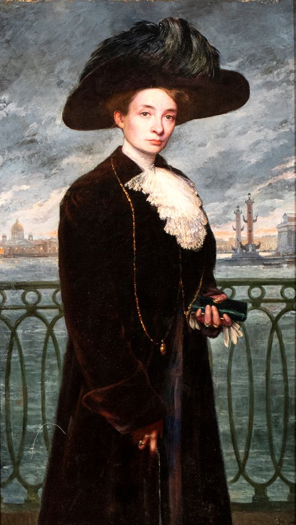 Artista francese, fine XIX - inizio XX secolo - Portrait of a lady with a feathered hat and Venice in the background