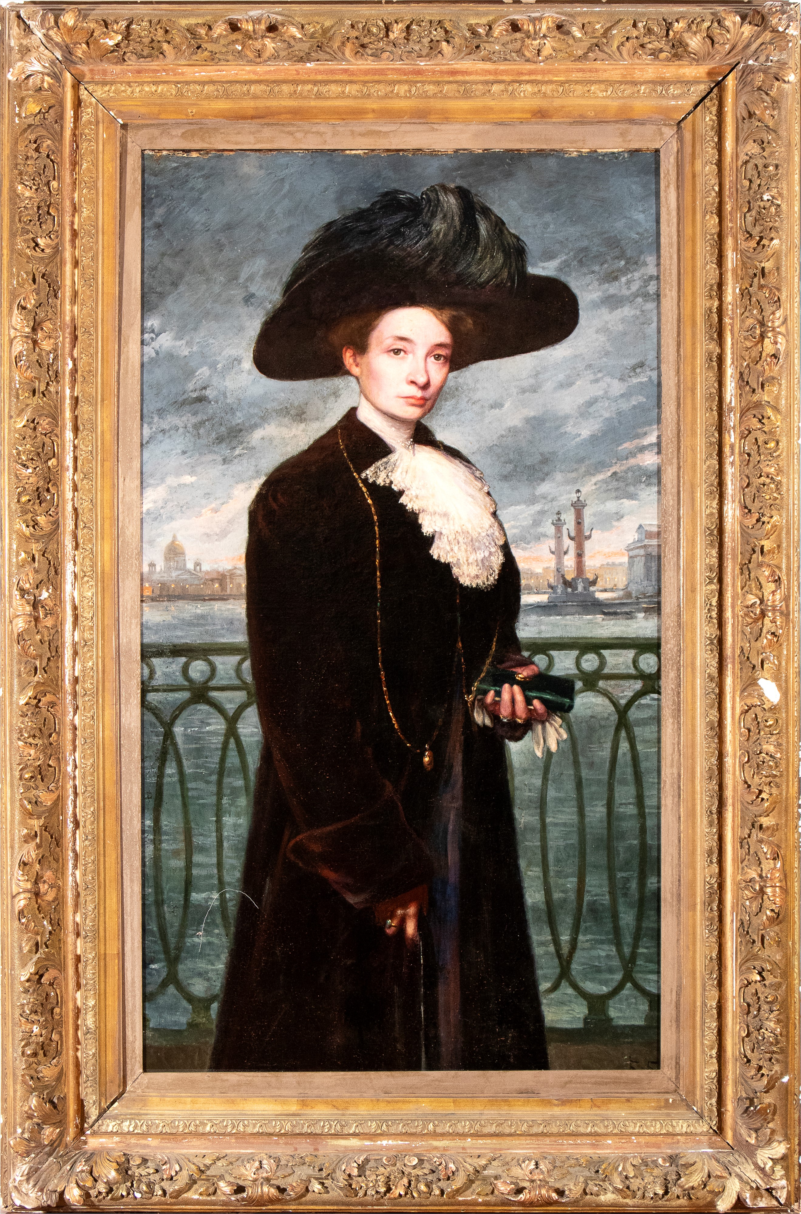 Artista Francese, Fine XIX - Inizio XX Secolo - Ritratto di dama con cappello di piume, olio su t...