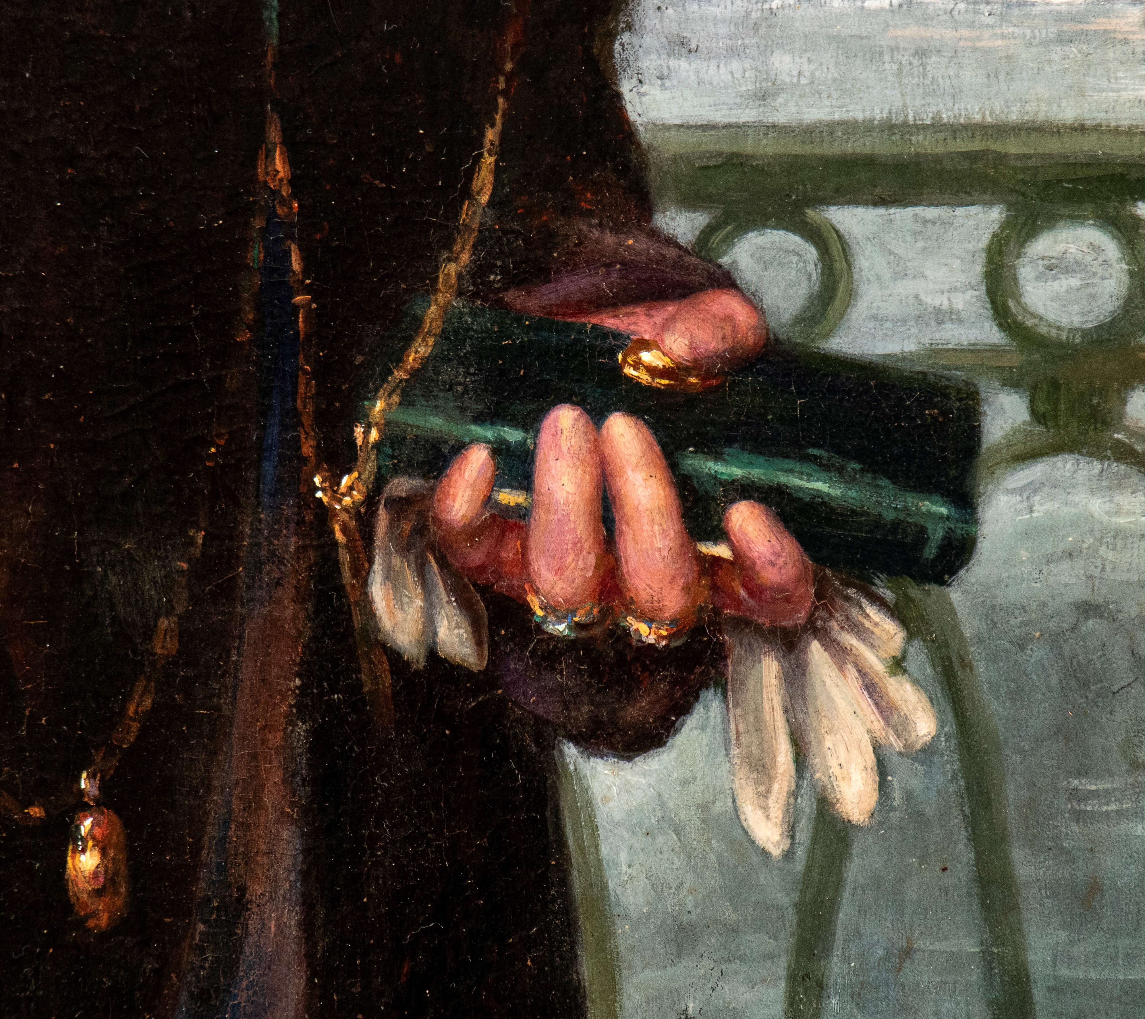 Artista Francese, Fine XIX - Inizio XX Secolo - Ritratto di dama con cappello di piume, olio su t...