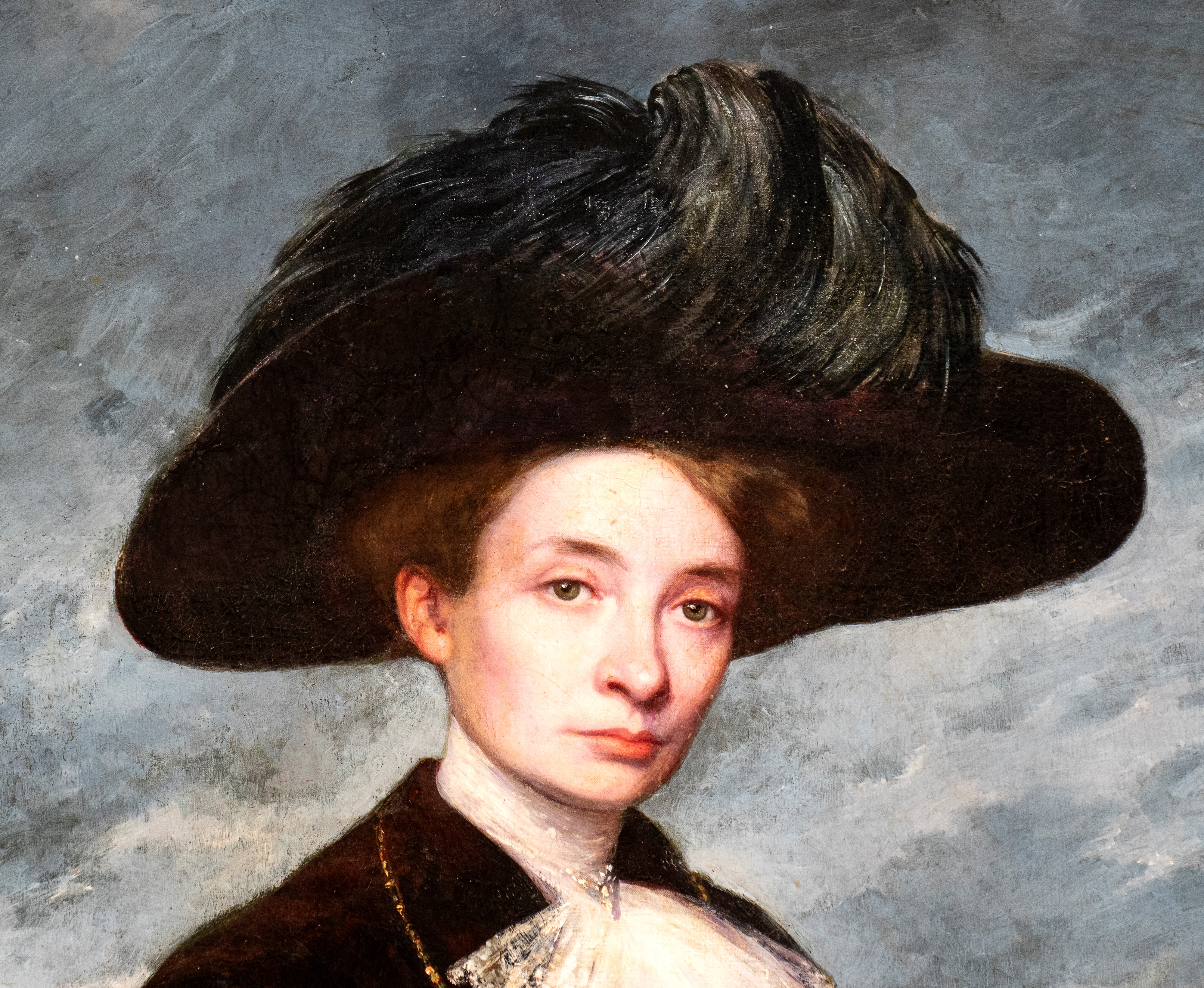 Artista Francese, Fine XIX - Inizio XX Secolo - Ritratto di dama con cappello di piume, olio su t...