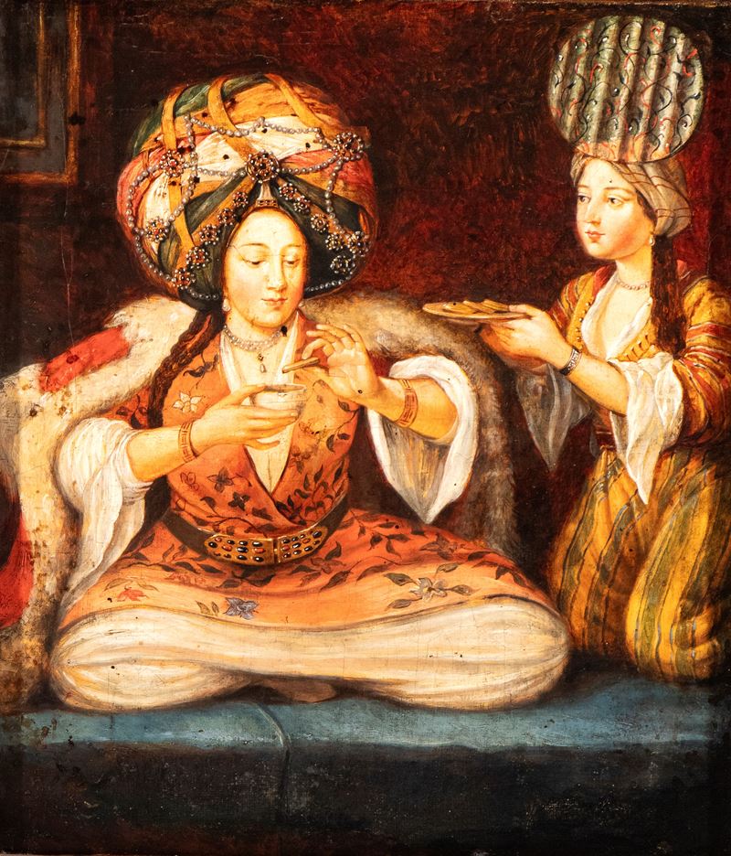 Artista Francese, XIX Secolo - Olio su tela, 'Il caffè turco', replica dell'opera 'Enjoying Coffe...