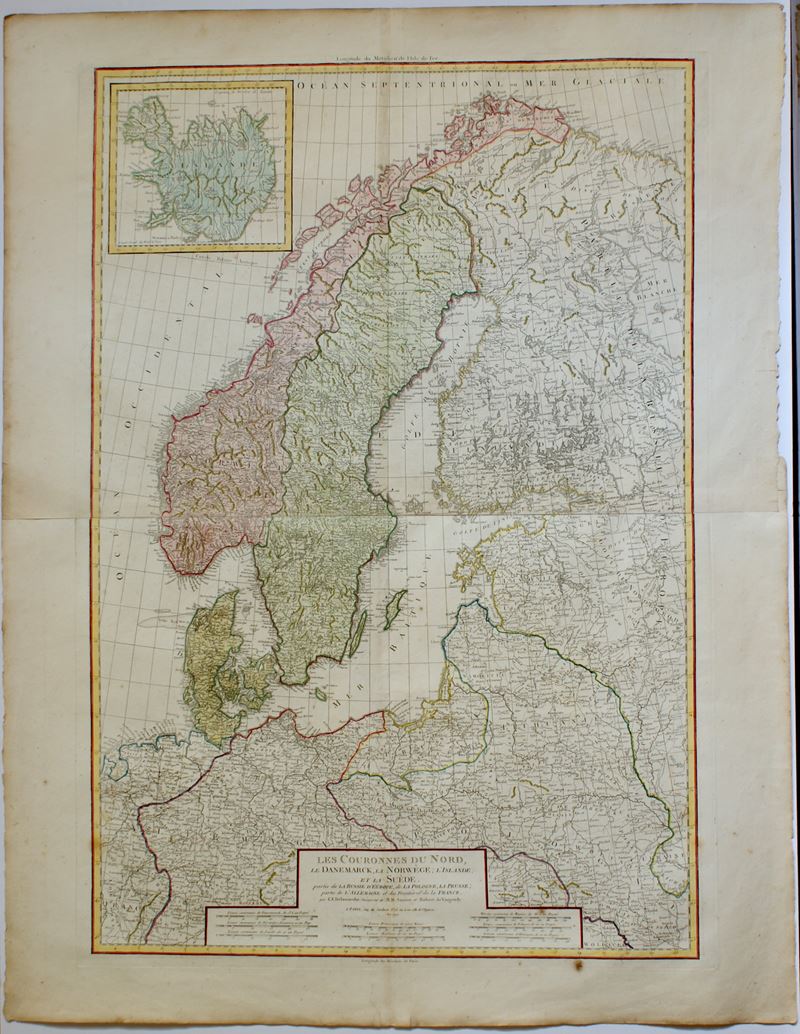 Robert De Vaugondy, Charles François Delamarche - Les Couronnes du Nord, mappa colorata a mano