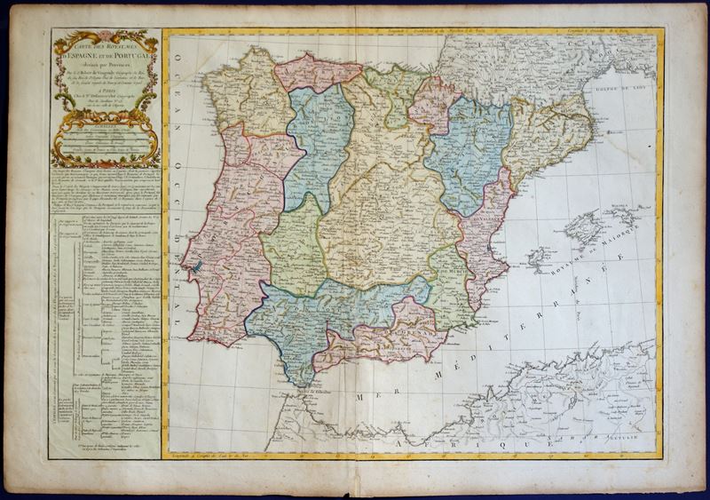 Robert De Vaugondy - Carte des Royaumes d'Espagne et de Portugal divisés par Provinces, bulino e ...