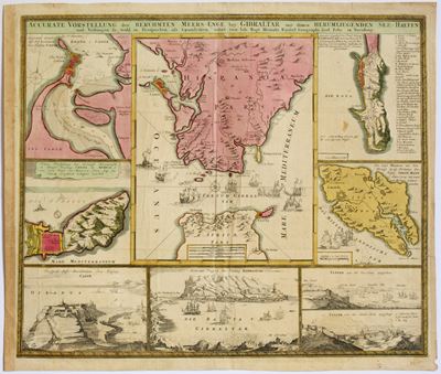 Accurate Vorstellung der berühmten Meers-Enge bey Gibraltar, bulino e acquaforte, 1730