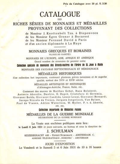 SCHULMAN J., Amsterdam, 8 - Giugno 1931. Raccolta di Monete e Medaglie