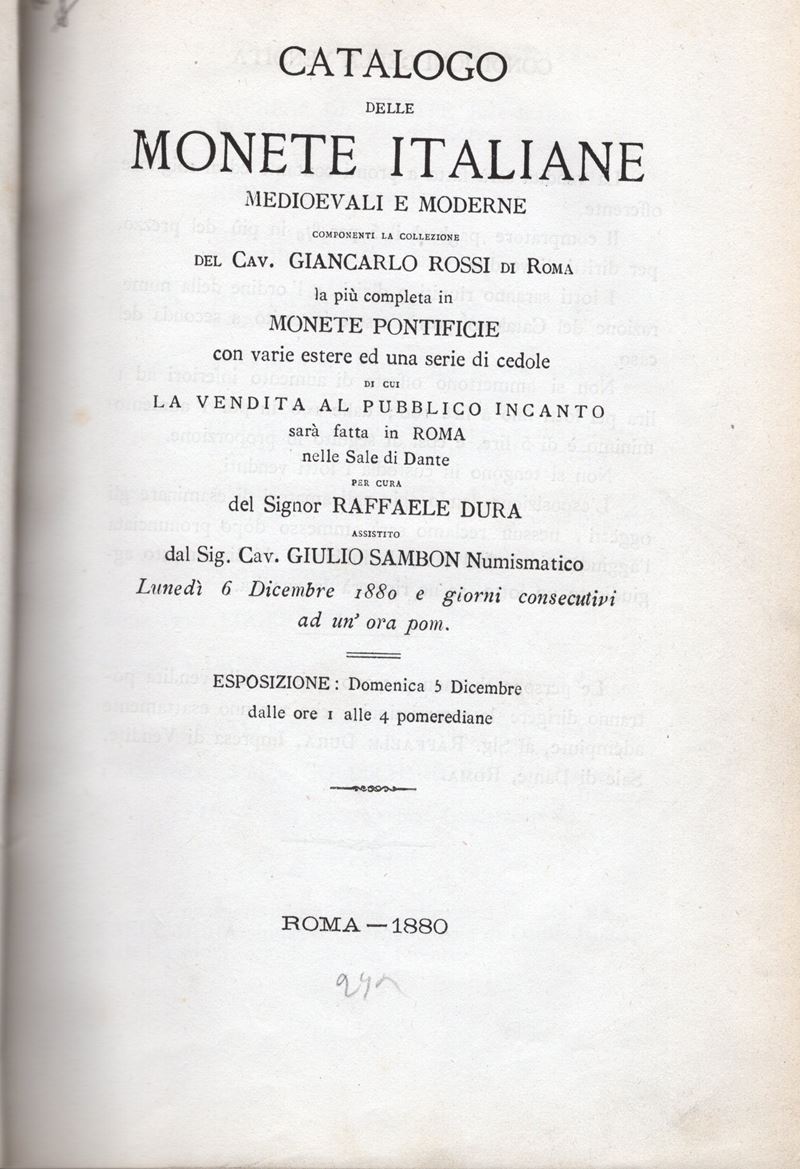 Dura R., Sambon G., Catalogo delle Monete Italiane Medievali e Moderne - Roma, 6 Dicembre 1880