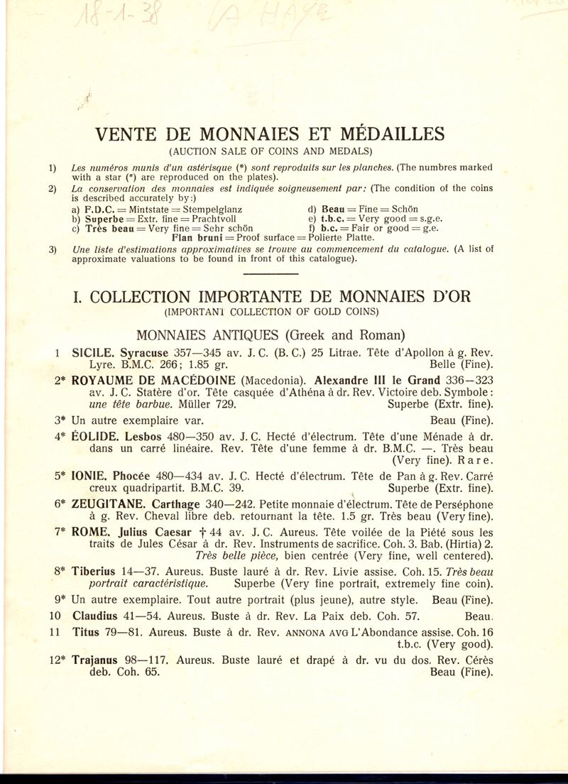 SCHULMAN J., Vendita di Monete e Medaglie - La Haye, 18 Gennaio 1938