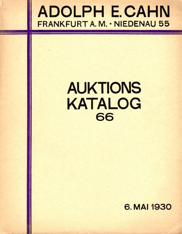 CAHN  A. Auktion 66.  Frankfurt a. Main 6-5-1930.Sammlung  Munzen Griechen,Romer,Byzantiner e Barbare di un Auslandischen Adligen.  Parte. II  Sammlung  Russischer munzen.  III munzen und medaillen Europaischer lander. pp. 160, nos. 2483. no plates. Paperback ed. inside in good condition, imp. Spring, 78