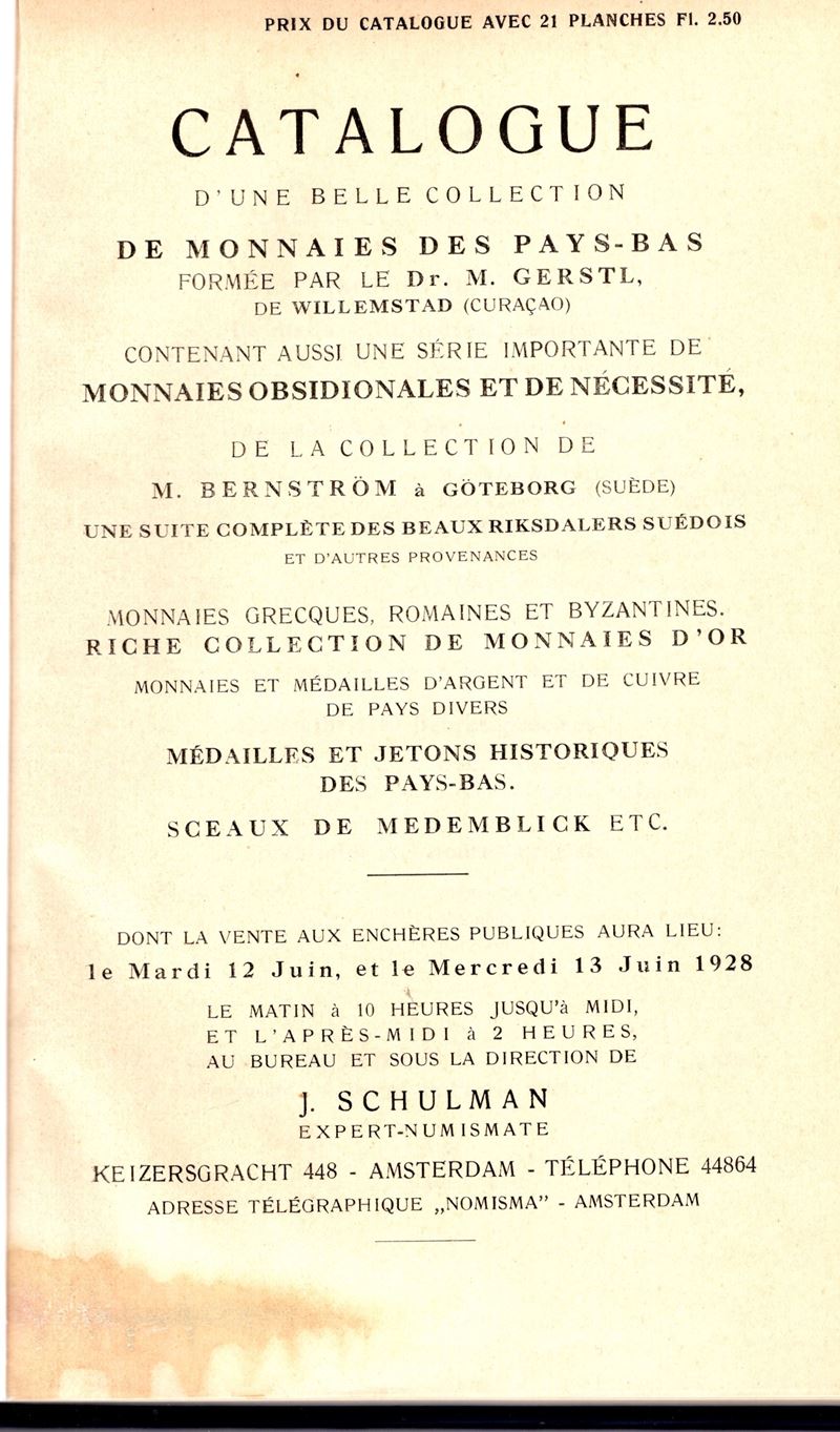 SCHULMAN J., Catalogo di una collezione di monete dei Paesi Bassi, Amsterdam, 1928